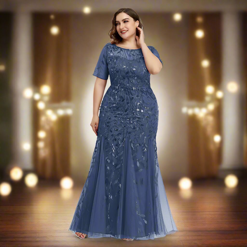GR | Women's Plus Size Evening Dress with Sequins and Mesh Embroidery in Mermaid Style