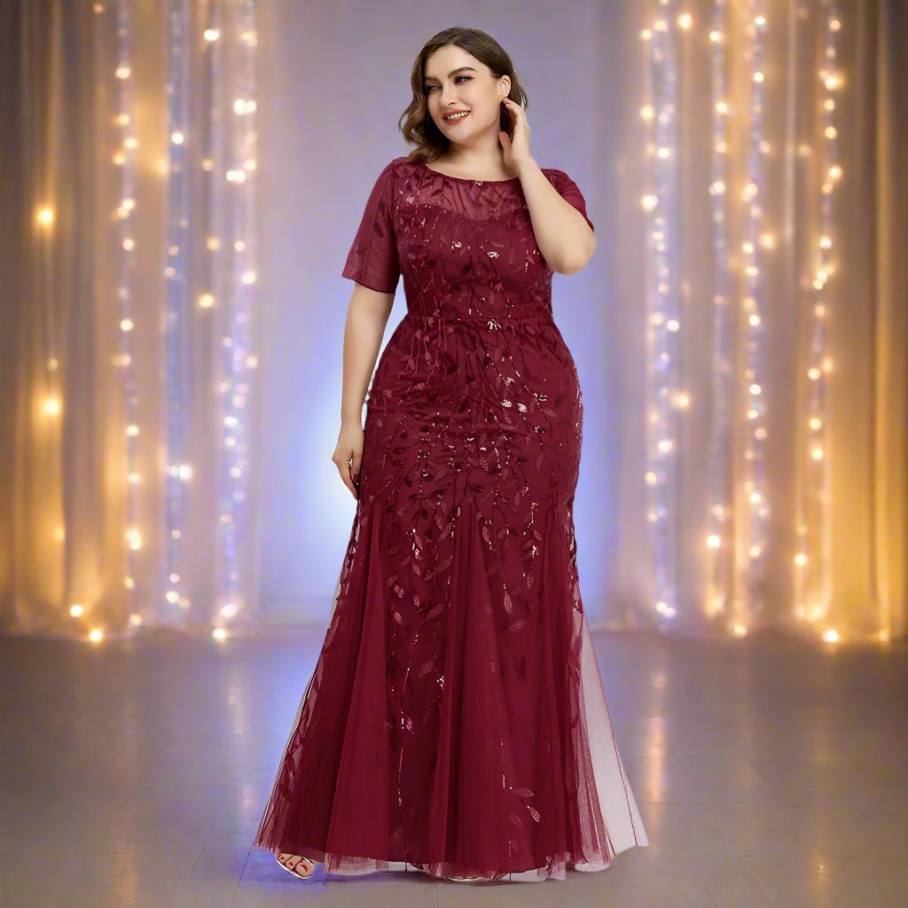 GR | Women's Plus Size Evening Dress with Sequins and Mesh Embroidery in Mermaid Style