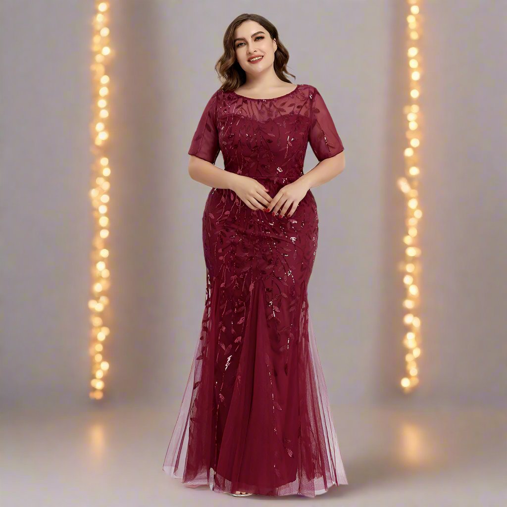 GR | Women's Plus Size Evening Dress with Sequins and Mesh Embroidery in Mermaid Style