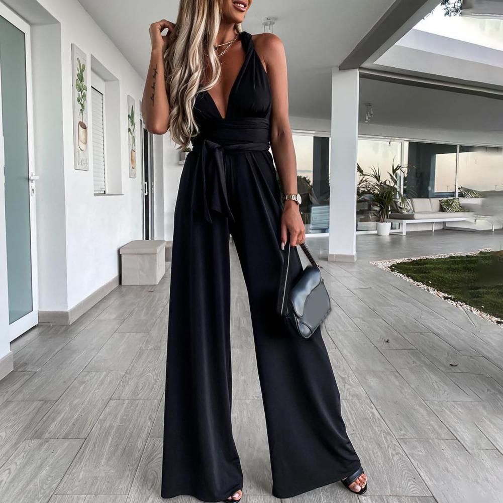 GR | Elegant sleeveless jumpsuit with deep V-neck, waistband and wide leg