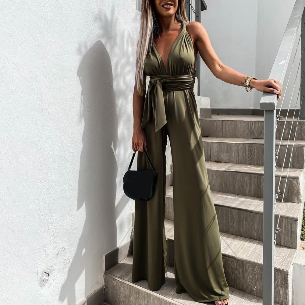 GR | Elegant sleeveless jumpsuit with deep V-neck, waistband and wide leg
