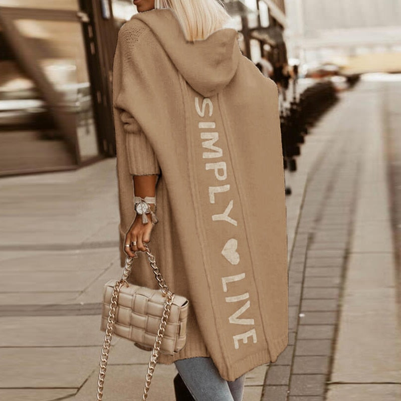 Hooded snuggle coat: Women's cardigan with letter print