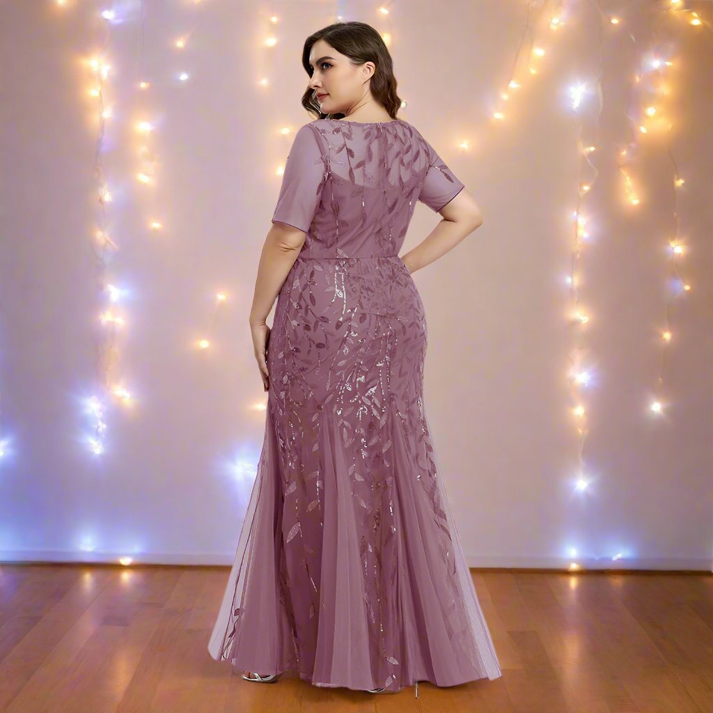 GR | Women's Plus Size Evening Dress with Sequins and Mesh Embroidery in Mermaid Style