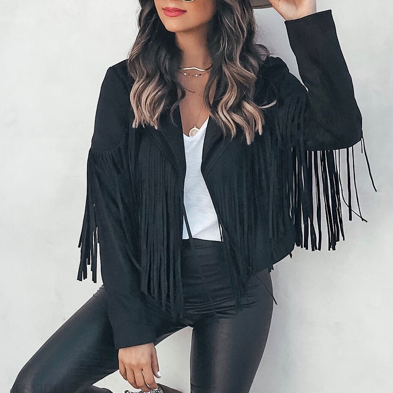 GR | moka leather motorcycle jacket with cowboy fringe