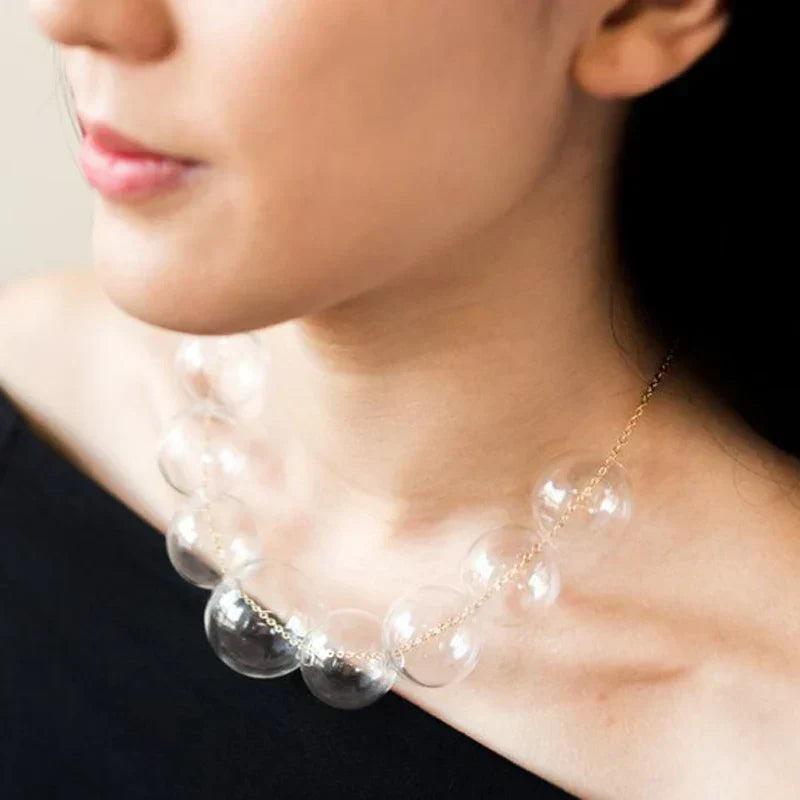 GR | French Elegant Multicolored Clear 9 Glass Bubble Bead Necklace Women's Style Statement Beaded Ball Ladies Jewelry