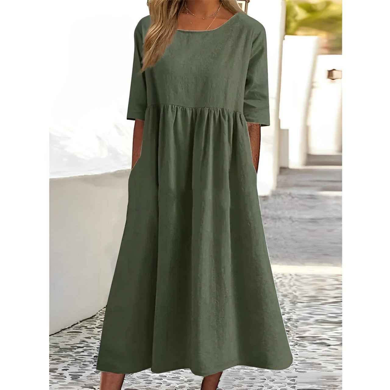 GR | Atmungsaktives Baumwoll Leinen Midi Kleid