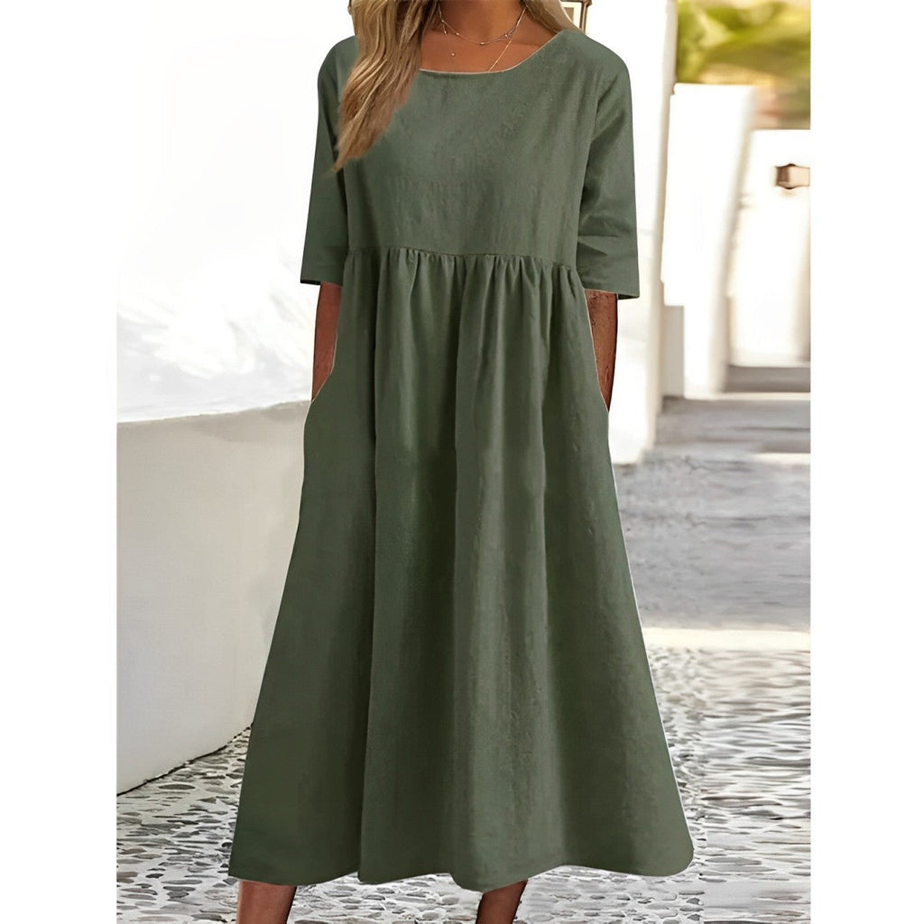 GR | Atmungsaktives Baumwoll-Leinen Vintage Midi-Kleid mit Falten-Design