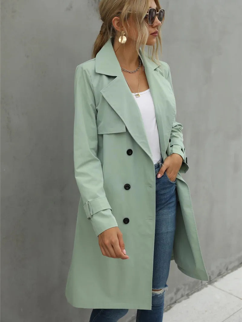 GR | Women's Casual Trench Coat with Double Button Placket and Notched Lapel Collar