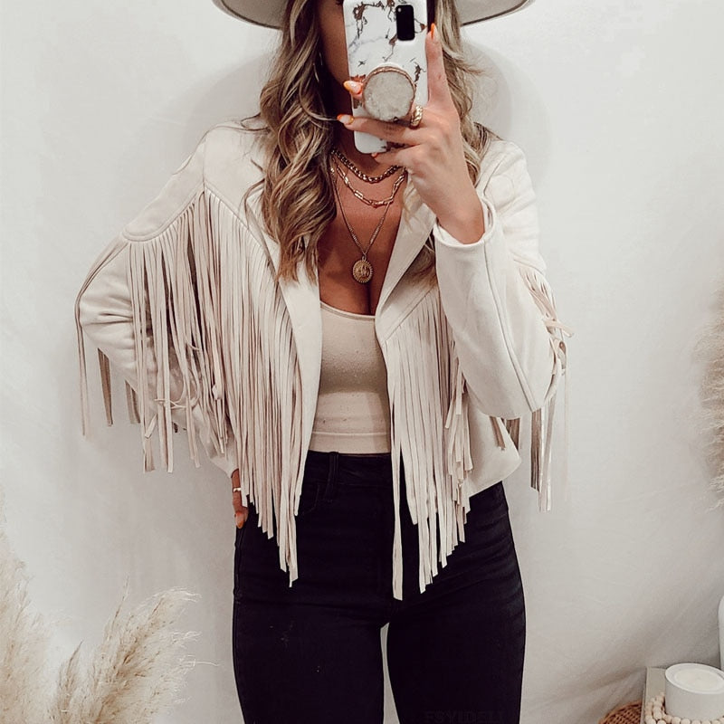 GR Suede Jacket with Fringes | Women's Tassel Cardigan for Trendy Outfits