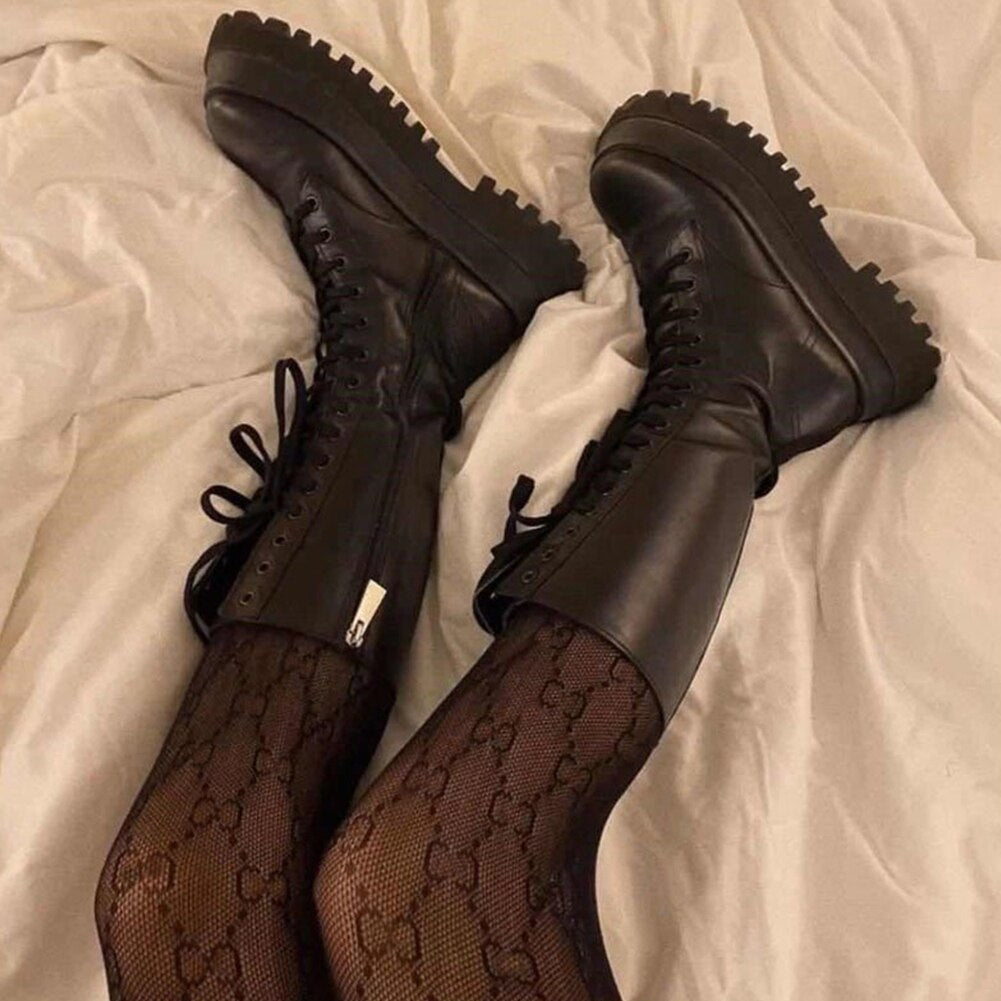 GR | Women's High Boots Black with Lace-Up Track Sole