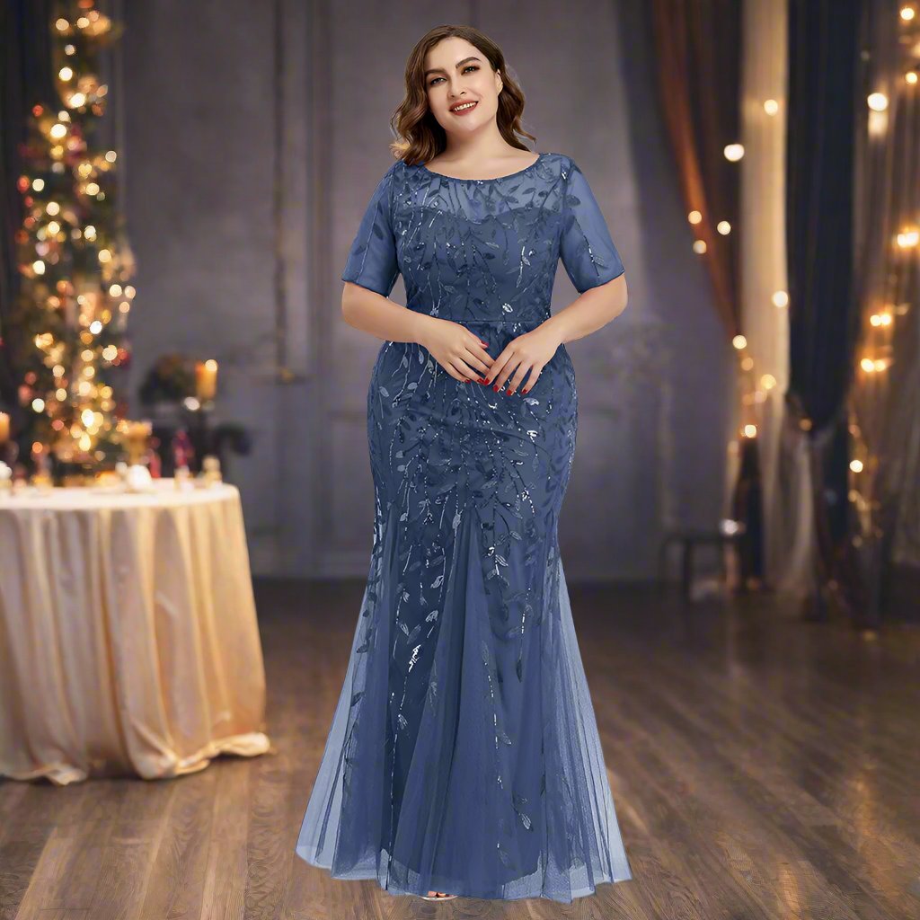 GR | Women's Plus Size Evening Dress with Sequins and Mesh Embroidery in Mermaid Style
