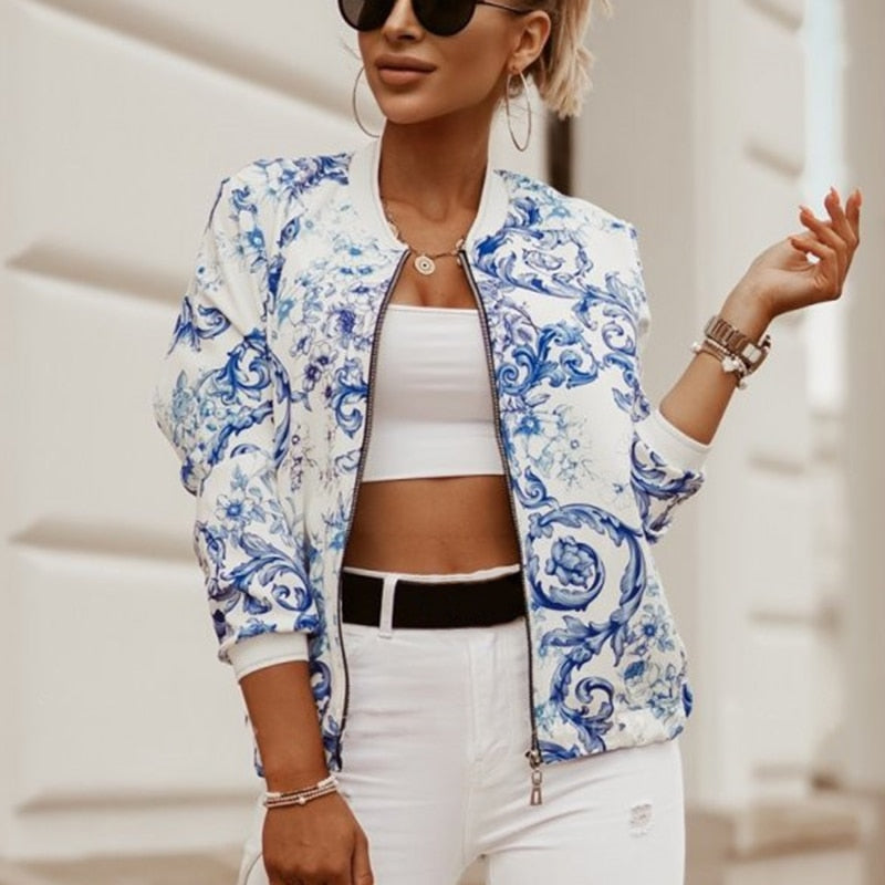 GR Jazzy Floral Bomber Jacket: Elegant women's jacket with zipper and floral pattern, long sleeves, vintage style, slim fit, 4 colors 