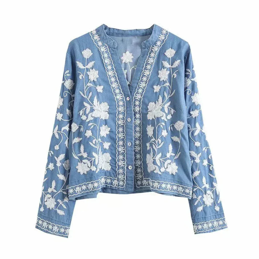 GR | Denimjacke Besticktes Blumenmuster Knopfverschluss Lockere Passform