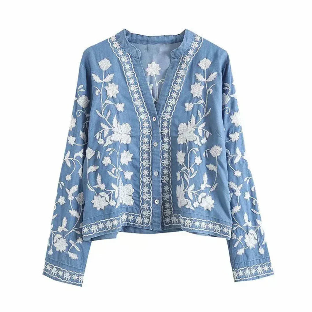 GR | Denim jacket with embroidered floral pattern, button closure, relaxed fit