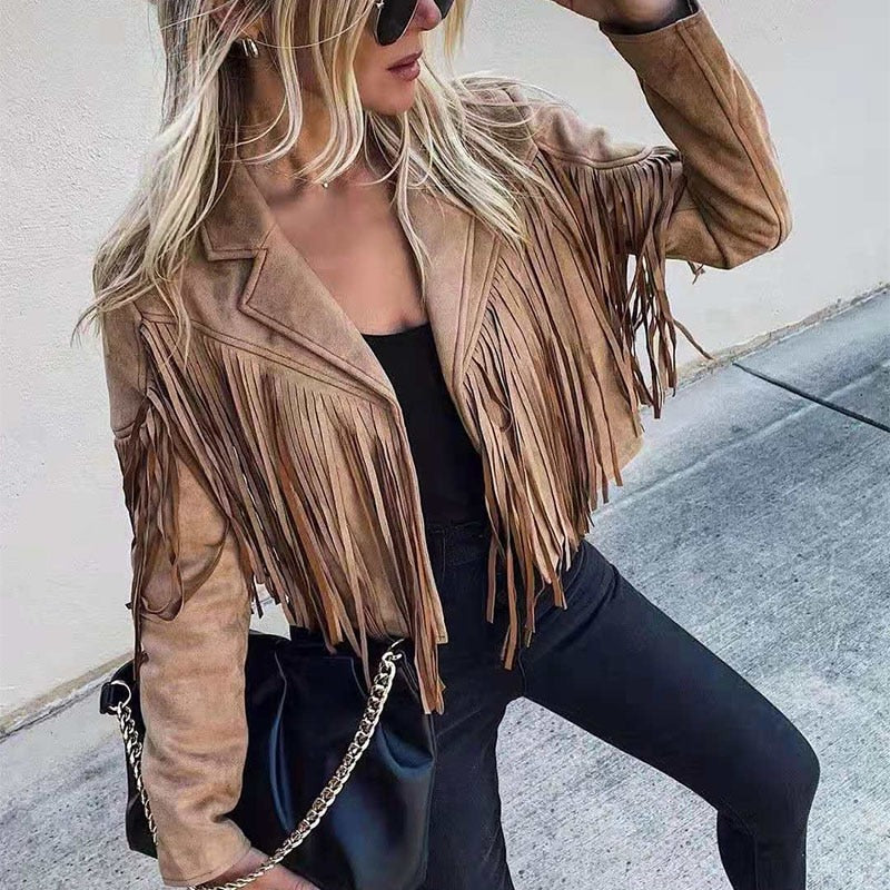 GR | moka leather motorcycle jacket with cowboy fringe