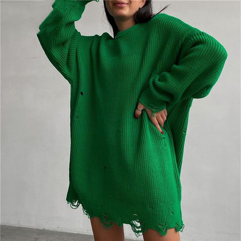 GR Ripped O Neck Oversized Sweater Kleid