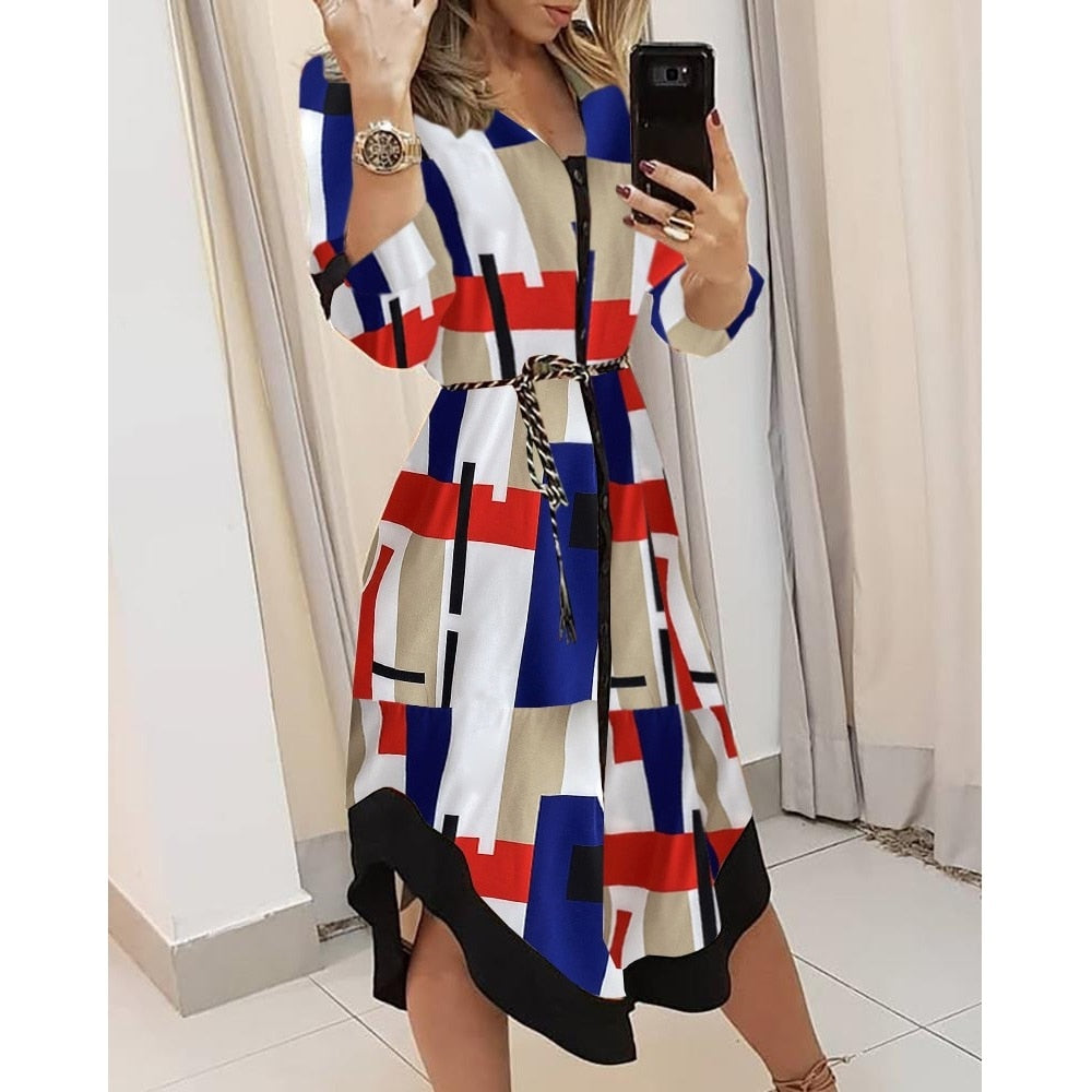 GR Wellen-Druck Lange Ärmel Kleid