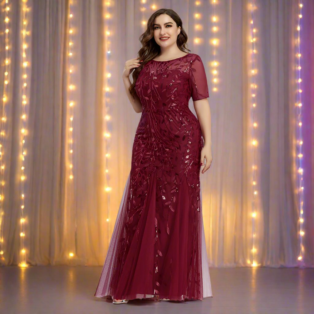 GR | Women's Plus Size Evening Dress with Sequins and Mesh Embroidery in Mermaid Style