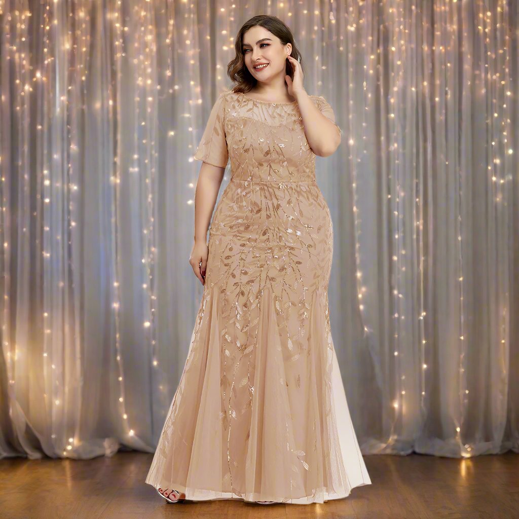 GR | Women's Plus Size Evening Dress with Sequins and Mesh Embroidery in Mermaid Style