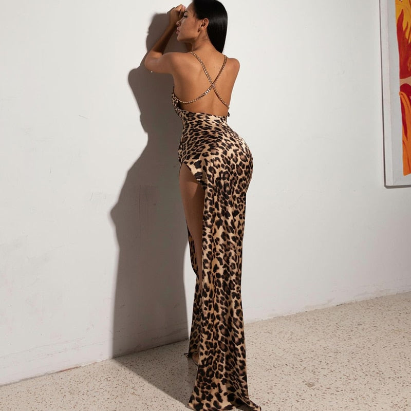 GR | Evening dress with leopard print, high slit and chain straps