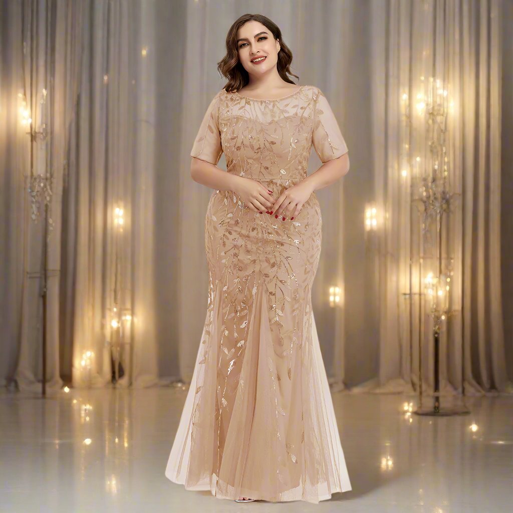 GR | Women's Plus Size Evening Dress with Sequins and Mesh Embroidery in Mermaid Style