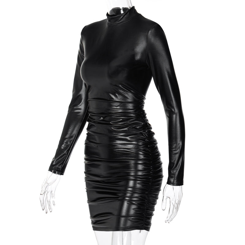 GR | Mini Kleid mit hohem Kragen und langen gerafften Ärmeln
