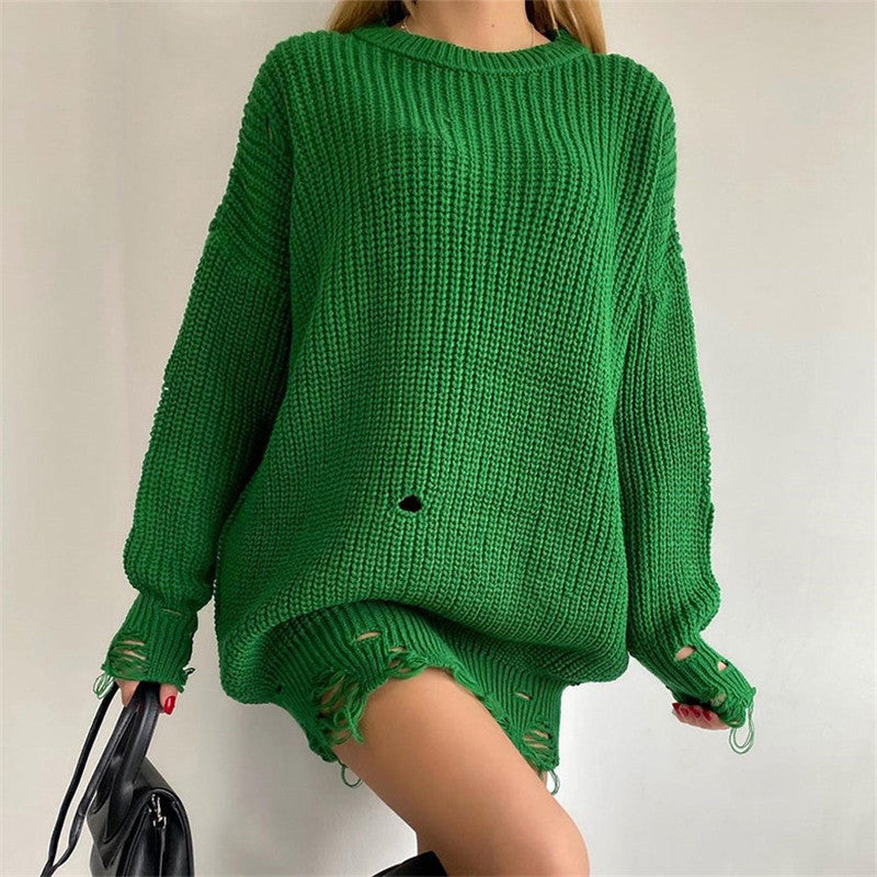 GR Ripped O Neck Oversized Sweater Kleid