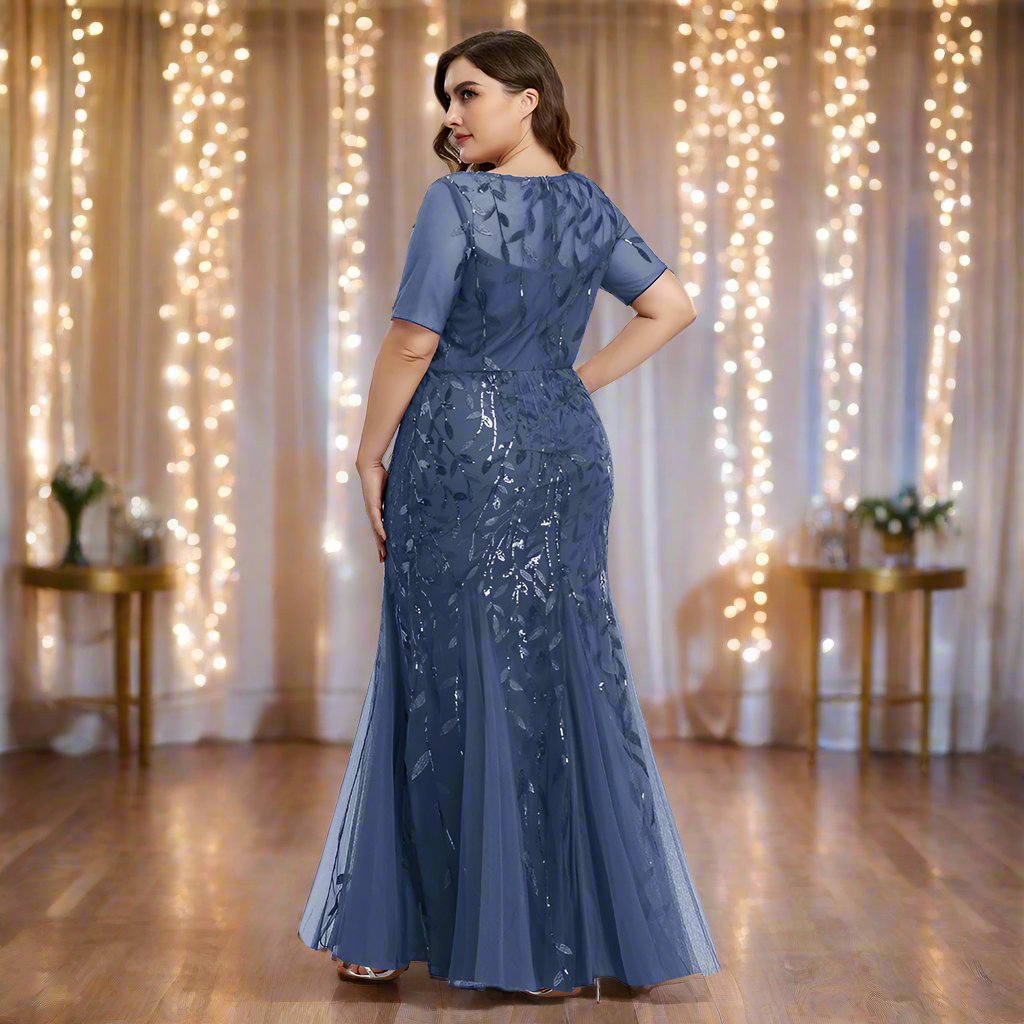 GR | Women's Plus Size Evening Dress with Sequins and Mesh Embroidery in Mermaid Style