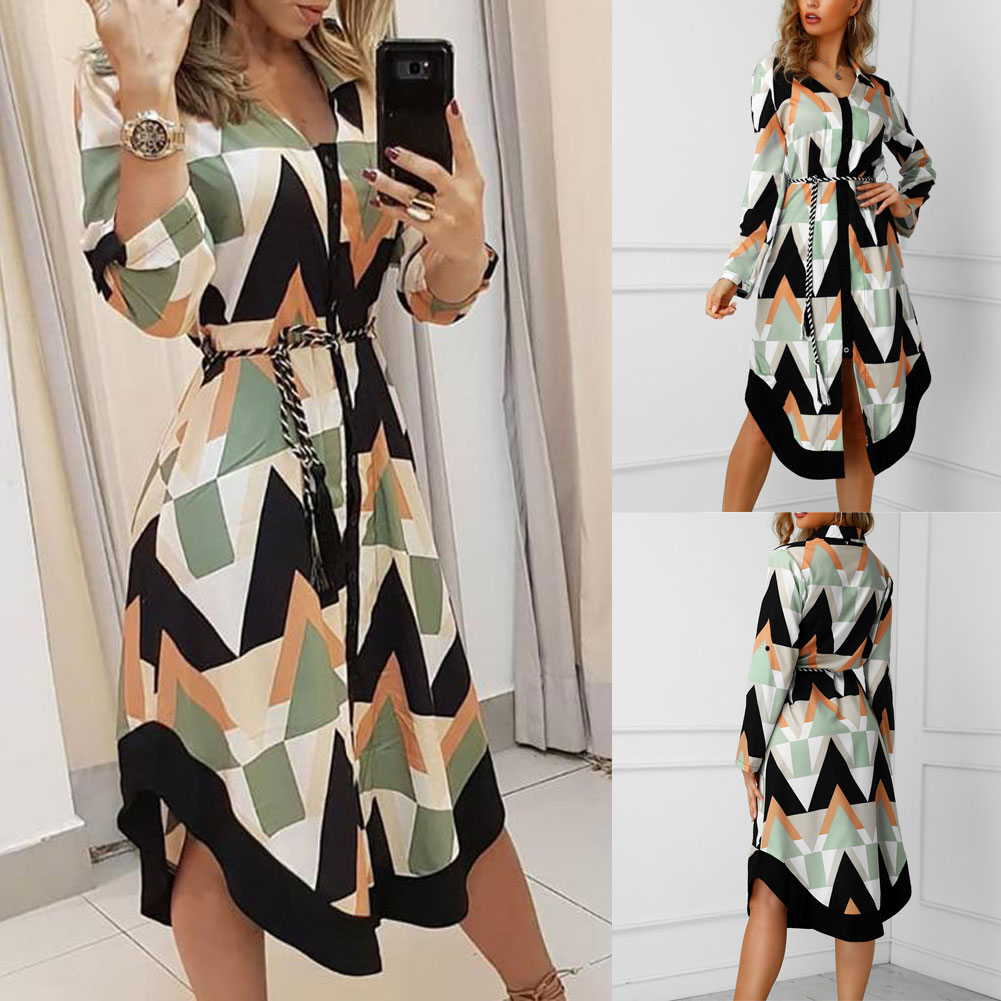 GR Wellen-Druck Lange Ärmel Kleid