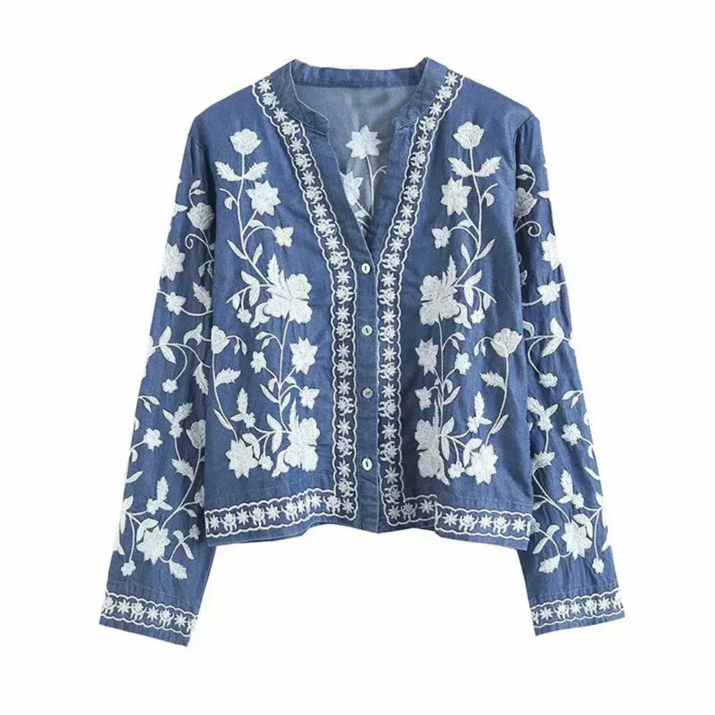 GR | Denimjacke Besticktes Blumenmuster Knopfverschluss Lockere Passform