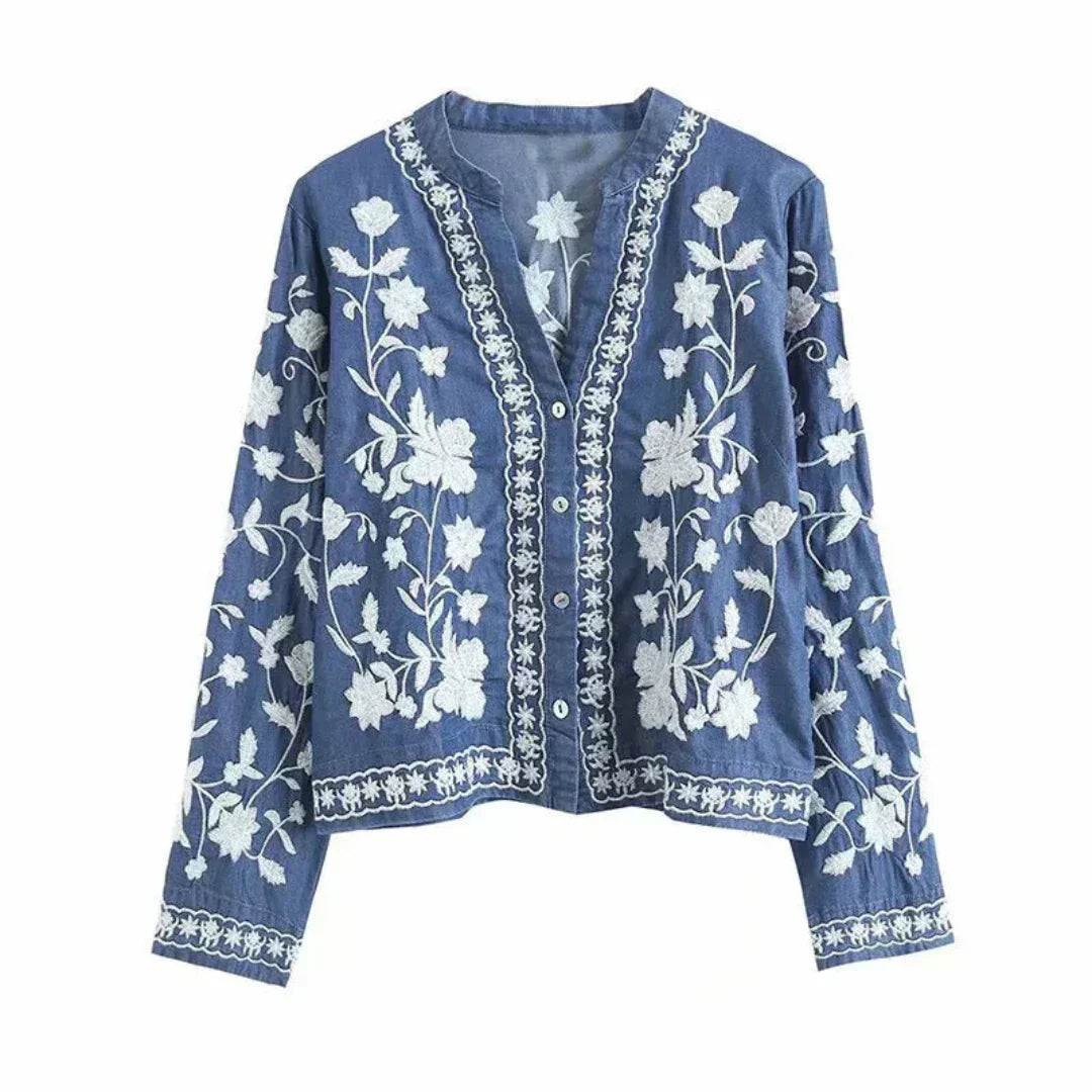 GR | Denim jacket with embroidered floral pattern, button closure, relaxed fit