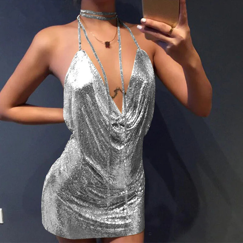 GR | Diamond Halter Rückenfrei Spalten Metallic Mini Kleid