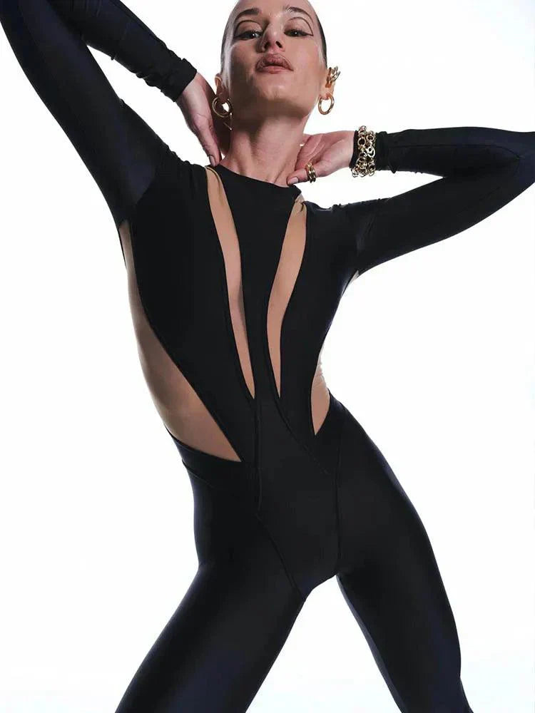 GR | Long sleeve mesh patchwork jumpsuit round neck, slim fit