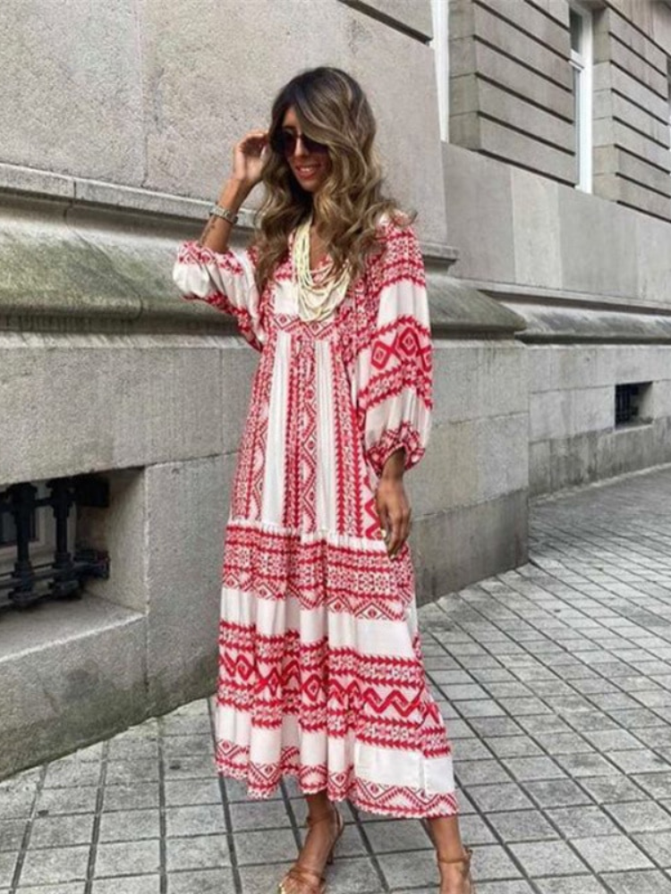 GR | Geometric dress with puff sleeves for women
