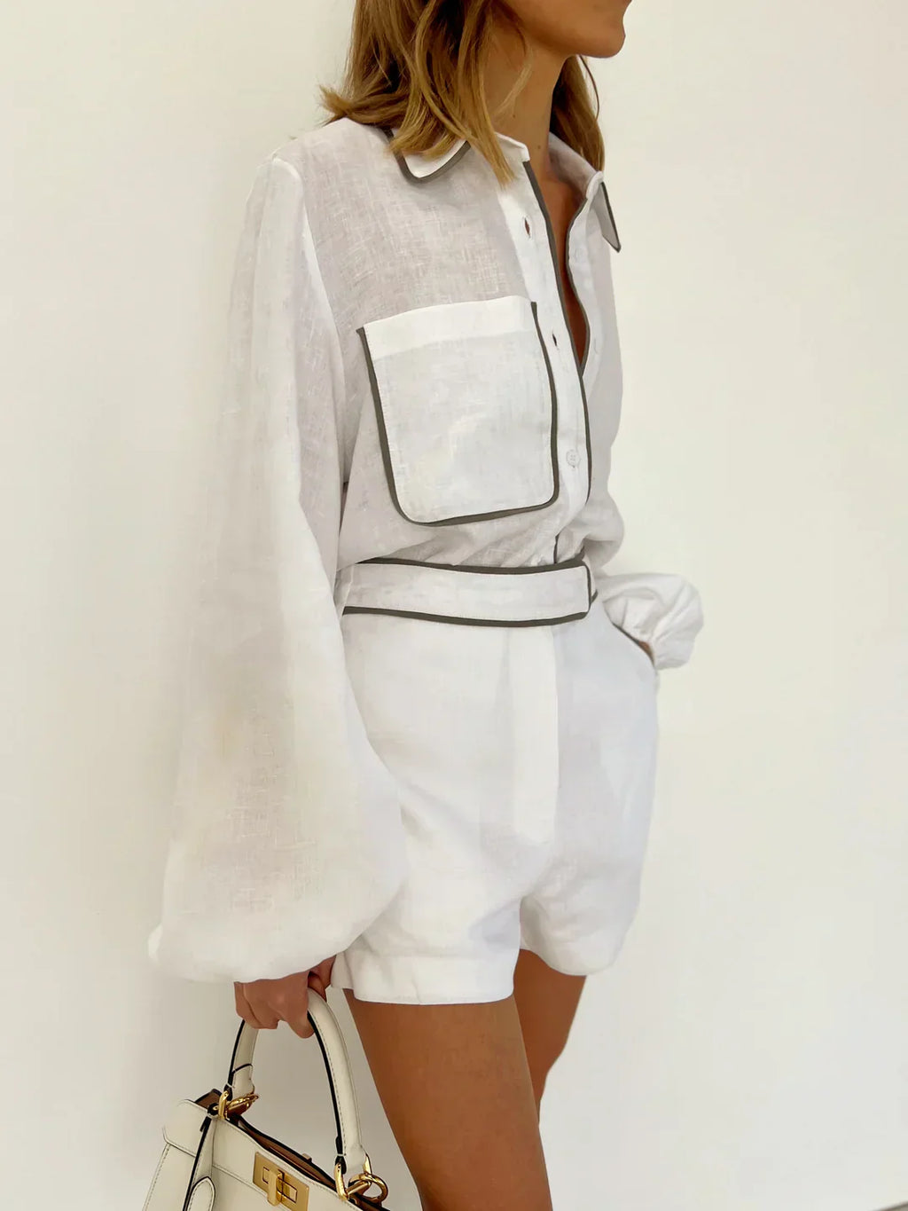 GR | Linen Contrast Trim Two-Piece Shorts Set