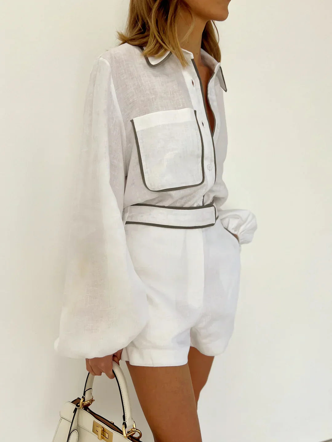 GR | Linen Contrast Trim Two-Piece Shorts Set