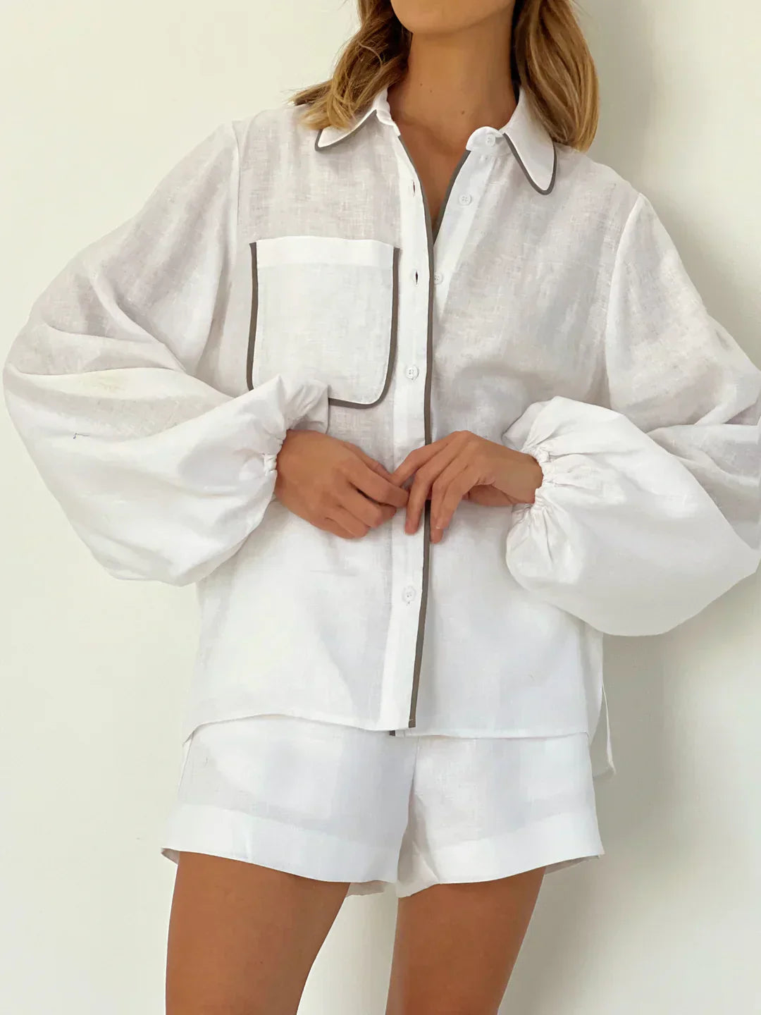 GR | Linen Contrast Trim Two-Piece Shorts Set