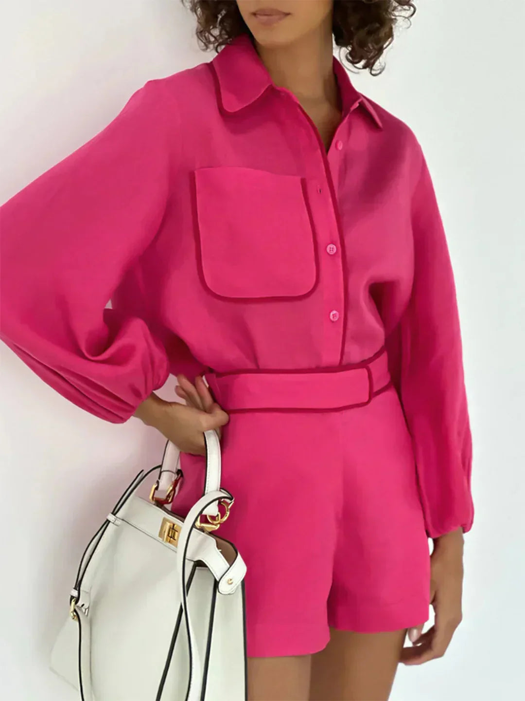 GR | Linen Contrast Trim Two-Piece Shorts Set
