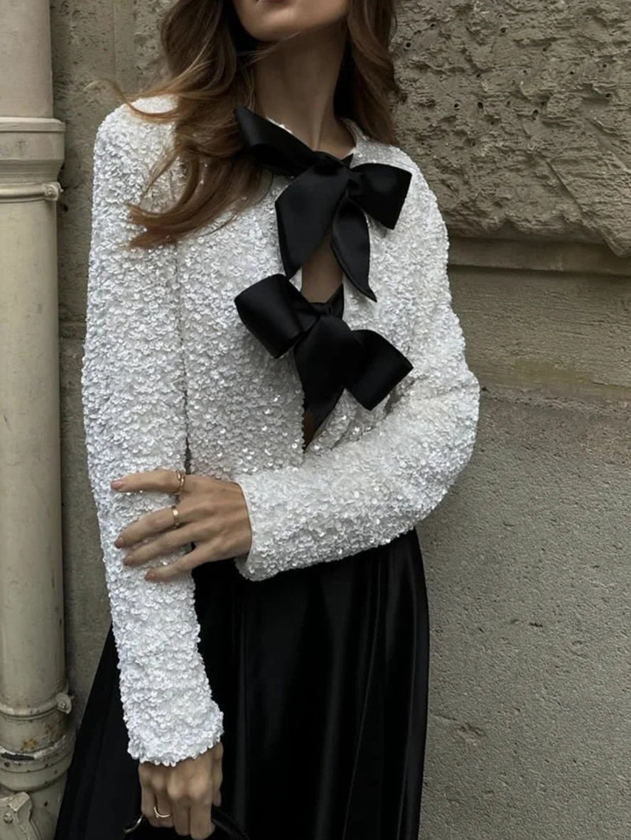GR - Women's Sequin Top with Bow Tie Details for Party Glam