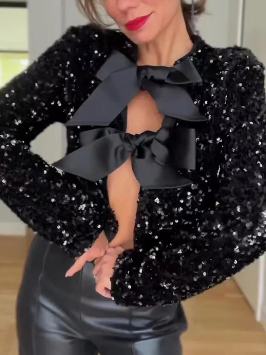 GR - Women's Sequin Top with Bow Tie Details for Party Glam