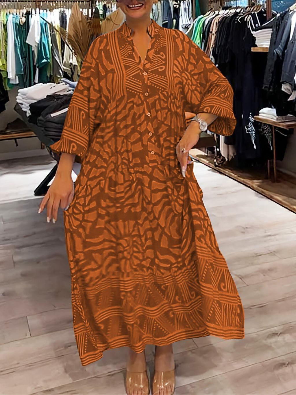 GR | Stylish Maxi Dress with Swirl and Zigzag Pattern for Women