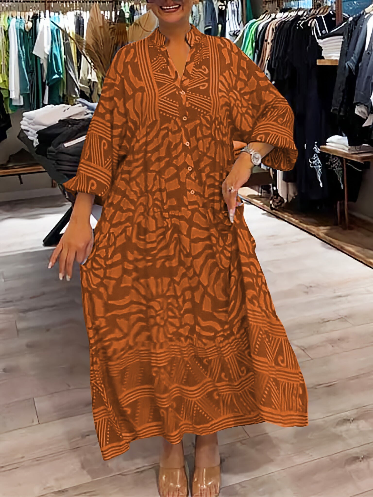 GR | Stylish Maxi Dress with Swirl and Zigzag Pattern for Women