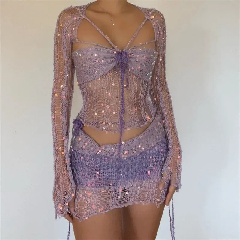 GR Two-piece long-sleeved sequined knit top with neckline and bodycon skirt