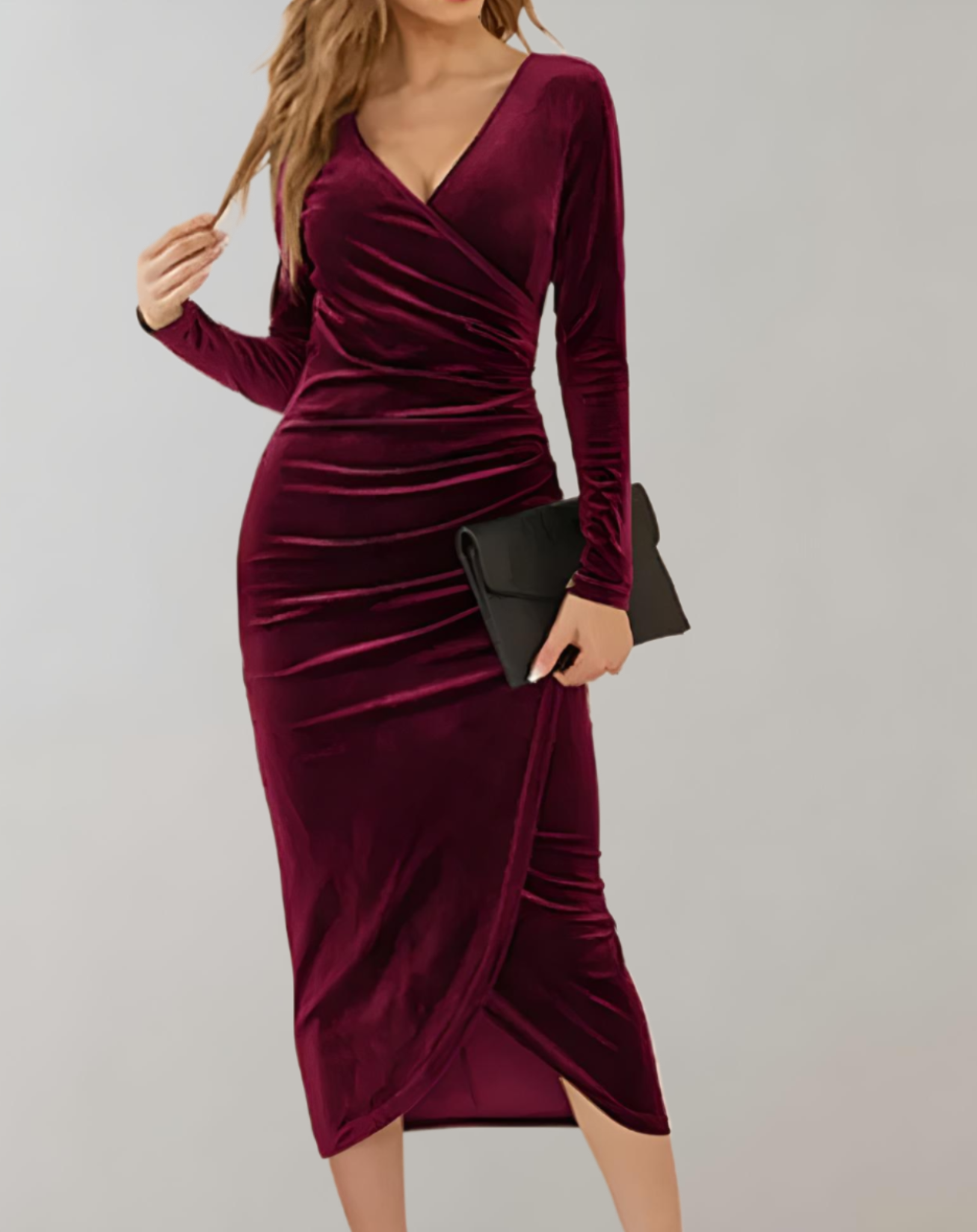 GR | Wickelkleid aus Samt mit langen Ärmeln und Rüschen