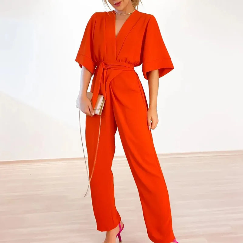 GR | Simple jumpsuit with V-neck and short sleeves