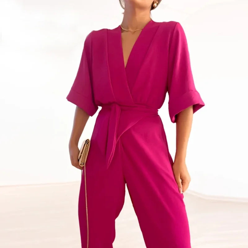GR | Simple jumpsuit with V-neck and short sleeves