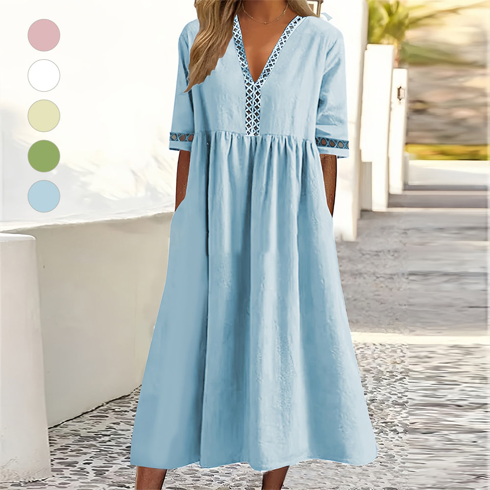 GR | Casual, loose-fitting summer dress made of cotton and linen with a V-neck and short sleeves