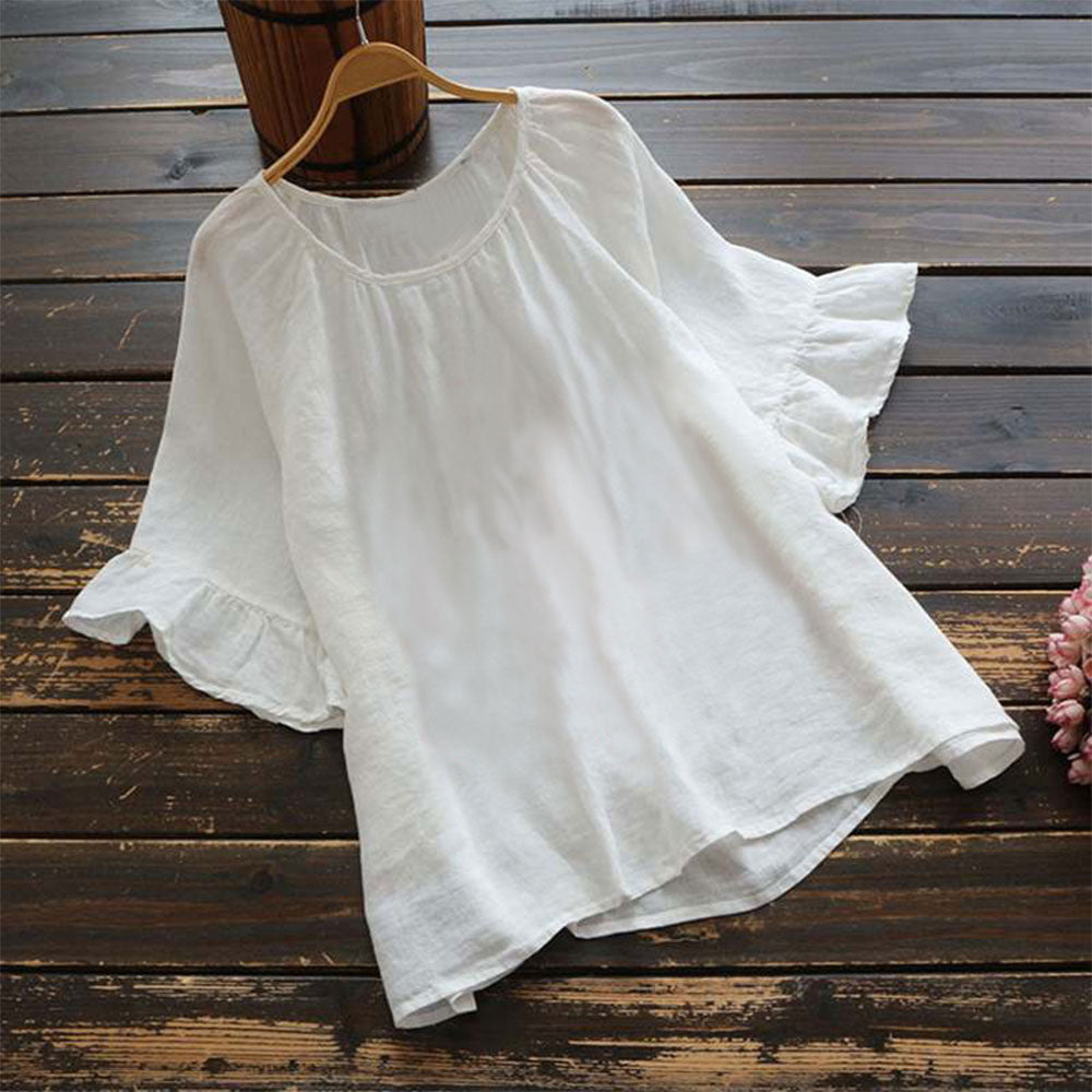 GR | Solid color, ruffled sleeves for summer, made of cotton and linen for women