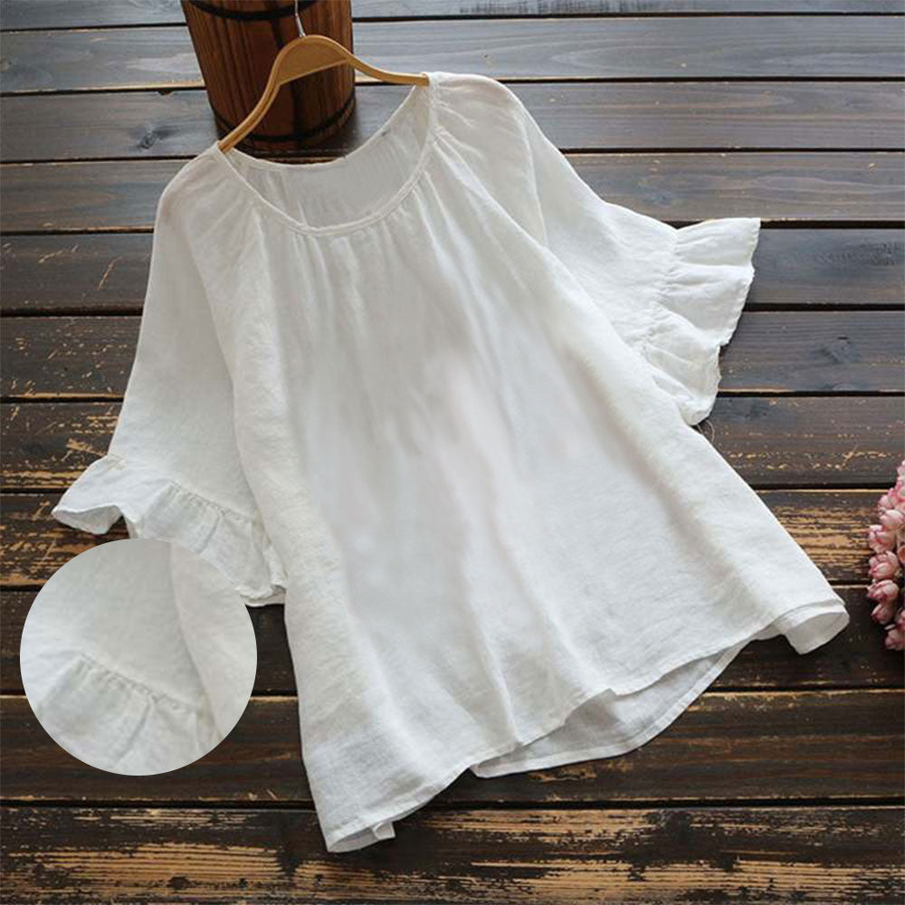 GR | Solid color, ruffled sleeves for summer, made of cotton and linen for women