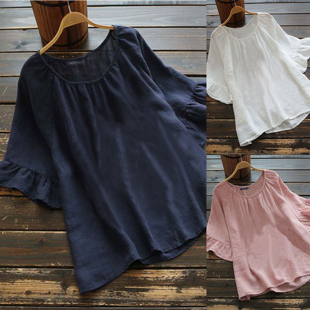 GR | Solid color, ruffled sleeves for summer, made of cotton and linen for women